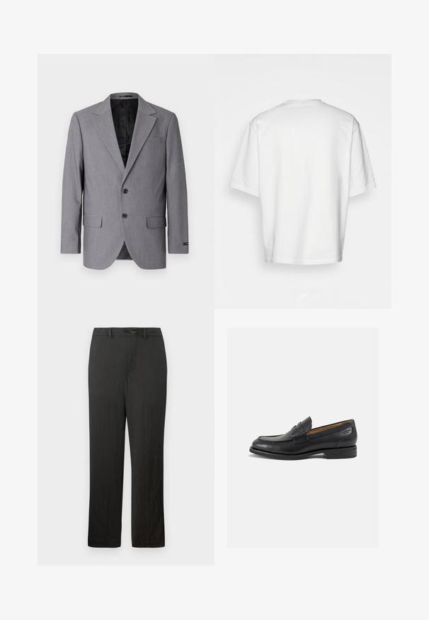 Hall gray bleiser suju tekstuuriga, ühekordne disain, sakilised kurvid, kaks nööpi ja kaks küljetaskut; vooderdatud sisemus on nähtav.; Valge, lühikeste varrukatega t-särk, ümmarguse kaelusega, valmistatud puuvillast. Lihtne disain, ilma mustrite või aksentideta, vaadeldav tagantpoolt.; Mustad, sirged jalad, millel on sile tekstuur, nööriga vöökoht ja peen, kerge kangas.; Mustad mustad nahast loafers, sujuva viimistlusega, ümar sirge ja dekoratiivne tikand peal. Madal ja kergelt kuhjatud konts ning kerge läige.