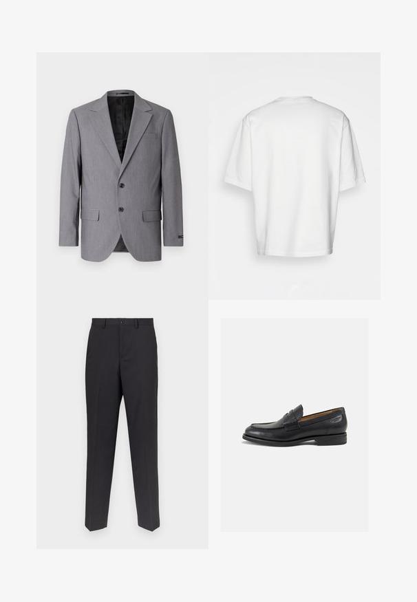 Grijze blazer met een gladde textuur, enkelvoudig gekleed ontwerp, notch revers, twee knopen en twee zijzakken; gevoerde binnenkant zichtbaar.; Wit, kort mouw T-shirt met een ronde halslijn, gemaakt van katoen. Eenvoudig ontwerp, zonder patronen of accenten, gezien van achteren.; Donkergrijze broek, gemaakt van een gladde stof, met een recht model, voorzakken en een enkele knoopsluiting.; Zwarte leren loafers met een gladde afwerking, ronde neus en decoratieve stiksels op de wreef. Lage gestapelde hak en een lichte glans.