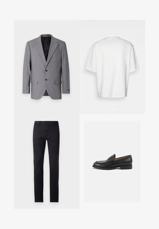 Gray blazer with a smooth texture, single-breasted design, notch lapels, two buttons, and two side pockets; lined interior visible.; White short-sleeve t-shirt, loose fit, round neckline, smooth cotton fabric, unembellished back, straight hemline, no patterns or accents.; Black pants made of smooth fabric, featuring a slim fit design, button closure, and standard pockets with no visible patterns or accents.; Black leather loafers with a smooth finish, rounded toe, and decorative stitching on the vamp. Low stacked heel and slight shine.