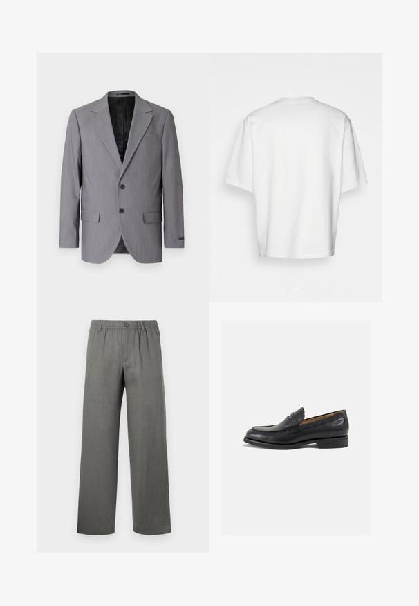 Siv blazer z gladko teksturo, enojnim gumbom, s poklopnimi reverji, dvema gumboma in dvema stranskima žepoma; vidna podloga.; Bela kratka majica s kratkimi rokavi, ohlapnega kroja, okroglega izreza, gladkega bombažnega materiala, brez okrasitev na hrbtni strani, ravna obroba, brez vzorcev ali naglasov.; Sive lanene hlače z udobnim krojem, elastičnim pasom, gumbnim zapiranjem in ravnimi hlačnicami. Gladka tekstura, minimalističen dizajn.; Črne usnjene loafers cipele z gladko površino, zaobljenim nosom in dekorativnim šivom na vampu. Nizek zloženi peti in rahla sijaj.