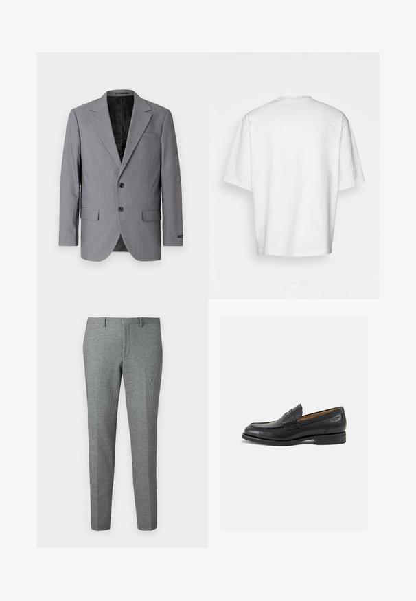 Blazer gris avec une texture lisse, design à boutonnière simple, revers crantés, deux boutons et deux poches latérales ; intérieur doublé visible.; T-shirt blanc à manches courtes, coupe ample, col rond, tissu en coton lisse, dos sans embellissement, ourlet droit, sans motifs ni accents.; Pantalons gris cintrés avec un motif pied-de-poule subtil, jambes fuselées, passants de ceinture et un design à l'avant plat.; Mocassins en cuir noir avec une finition lisse, bout rond et coutures décoratives sur la tige. Talon bas empilé et léger brillant.