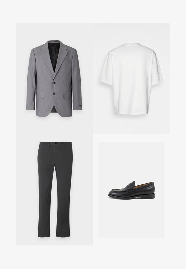 Grauer Blazer mit glatter Textur, einreihigem Design, Reverskragen, zwei Knöpfen und zwei Seitentaschen; gefüttertes Innenfutter sichtbar.; Weißes T-Shirt mit kurzen Ärmeln und rundem Ausschnitt, aus Baumwolle. Einfaches Design, ohne Muster oder Akzente, Rückansicht.; Schwarze Hose aus glattem Stoff, mit geradem Bein-Design, Reißverschluss, Knopfverschluss und Gürtelschlaufen. Schlichter und funktionaler Stil.; Schwarze Leder Slipper mit glatter Oberfläche, runder Spitze und dekorativer Naht auf dem Vorderblatt. Niedriger Blockabsatz und leichter Glanz.