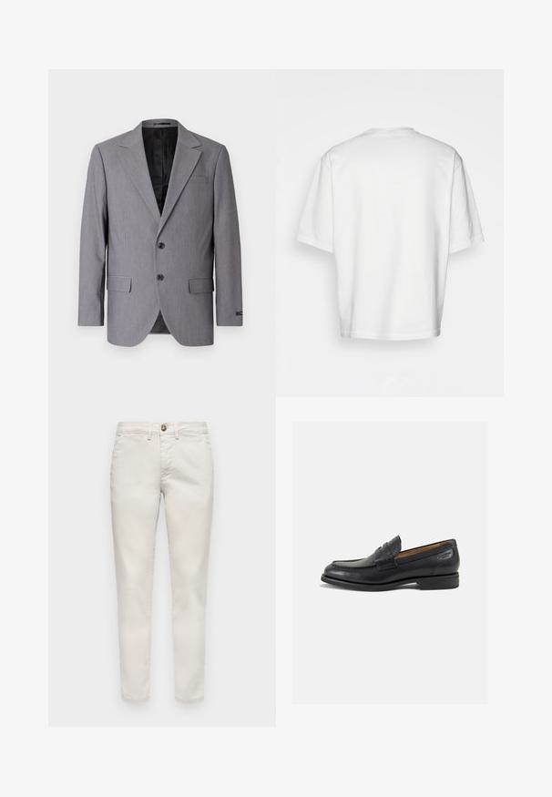 Blazer grigio con una texture liscia, design con un solo petto, rever a scollo, due bottoni e due tasche laterali; interno foderato visibile.; T-shirt bianco a maniche corte, vestibilità ampia, collo rotondo, in morbido cotone, retro senza decorazioni, orlo dritto, senza fantasie o dettagli.; Pantaloni in cotone beige con vestibilità slim, dotati di chiusura a bottone, tasche laterali e una texture liscia. Lunghezza standard con orli arrotolati.; Mocassini in pelle nera con finitura liscia, punta arrotondata e cuciture decorative sulla tomaia. Tacco basso impilato e leggero lucido.