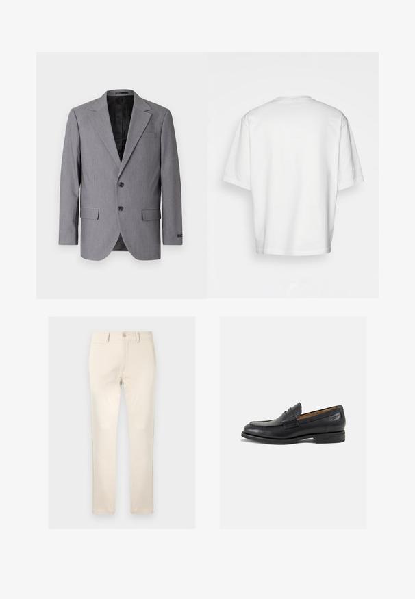 Siv blazer z gladko teksturo, enojnim gumbom, s poklopnimi reverji, dvema gumboma in dvema stranskima žepoma; vidna podloga.; Bela kratka majica s kratkimi rokavi, ohlapnega kroja, okroglega izreza, gladkega bombažnega materiala, brez okrasitev na hrbtni strani, ravna obroba, brez vzorcev ali naglasov.; Bež bombažne hlače z ravnim krojem, ki vključujejo en sprednji žep, zapiranje na gumb in subtilne detajle v šivanju.; Črne usnjene loafers cipele z gladko površino, zaobljenim nosom in dekorativnim šivom na vampu. Nizek zloženi peti in rahla sijaj.