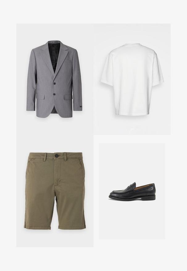 Šedý blazer s hladkou texturou, jednobarevný design, klopové límce, dva knoflíky a dvě boční kapsy; viditelná podšívka.; Bílý krátký rukáv tričko, volný střih, kulatý výstřih, hladká bavlněná tkanina, nezdobený zadní díl, rovný lem, žádné vzory ani akcenty.; Olivově zelené šortky vyrobené z bavlněné směsi, s knoflíkovým zapínáním, předními kapsami a lemovaným zakončením s jemnými švy.; Černé kožené mokasíny s hladkým povrchem, zaoblenou špičkou a dekorativním prošíváním na svršku. Nízký podpatka a mírný lesk.