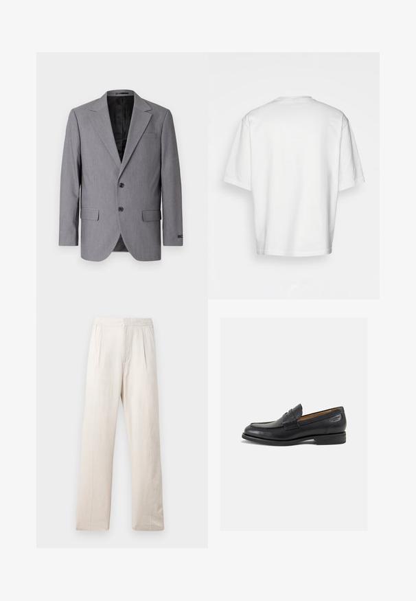 Blazer gris avec une texture lisse, design à boutonnière simple, revers crantés, deux boutons et deux poches latérales ; intérieur doublé visible.; T-shirt blanc à manches courtes, coupe ample, col rond, tissu en coton lisse, dos sans embellissement, ourlet droit, sans motifs ni accents.; Pantalons larges beige clair en tissu texturé, avec une taille élastique et deux plis à l'avant pour un détail supplémentaire.; Mocassins en cuir noir avec une finition lisse, bout rond et coutures décoratives sur la tige. Talon bas empilé et léger brillant.