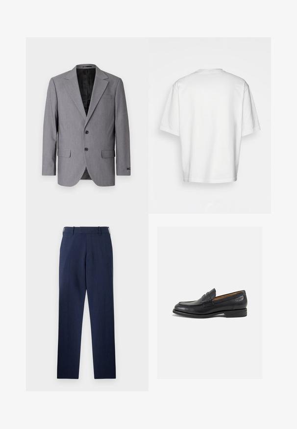 Sacou gri cu o textură netedă, design cu o singură butonieră, rever cu colțuri, două butoane și două buzunare laterale; interior căptușit vizibil.; Tricou alb cu mânecă scurtă, croială lejeră, decolteu rotund, material din bumbac neted, spate simplu, margine dreaptă, fără modele sau accente.; Pantaloni bleumarin dintr-un material texturat, având un design drept, curea de prindere și buzunare frontale pentru funcționalitate.; Mocasini din piele neagră cu o finisare netedă, vârf rotund și cusături decorative pe partea superioară. Toc mic și stivuit, cu o ușoară strălucire.
