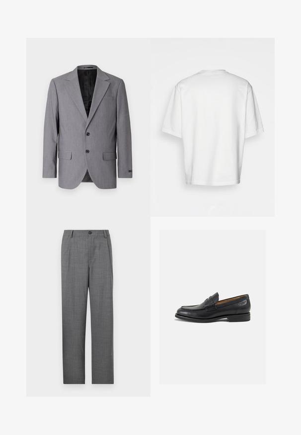 Szary marynarka o gładkiej teksturze, jednopierścieniowa konstrukcja, klapy notcha, dwa guziki i dwie boczne kieszenie; widoczne wykończenie podszewką.; Biała, krótkiego rękawa koszulka, luźny krój, okrągły dekolt, gładki bawełniany materiał, nieozdobione plecy, prosta linia dołu, bez wzorów ani akcentów.; Szare dopasowane spodnie z subtelnym wzorem w paski, z zapięciem na jeden guzik i prostymi nogawkami. Brak widocznych kieszeni.; Czarne skórzane mokasyny o gładkim wykończeniu, zaokrąglonym nosku i dekoracyjnym przeszyciu na cholewce. Niski, warstwowy obcas i delikatny połysk.