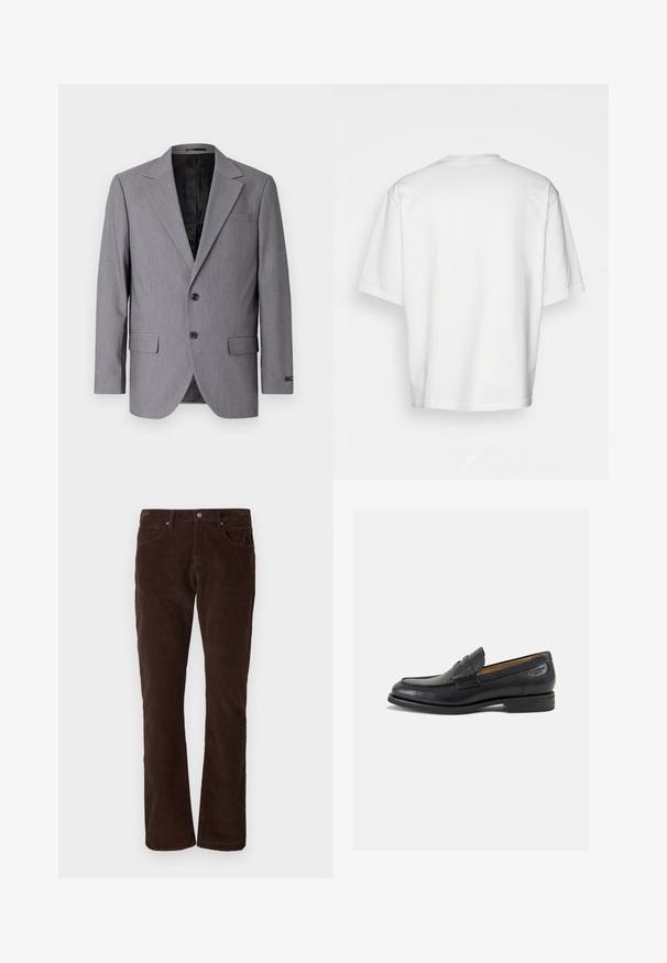 Hall gray bleiser suju tekstuuriga, ühekordne disain, sakilised kurvid, kaks nööpi ja kaks küljetaskut; vooderdatud sisemus on nähtav.; Valge lühikeste varrukatega T-särk, lõdva lõikega, ümar kaelus, sileda puuvillase kangaga, kaunistamata selg, sirge alläär, ilma mustrite või aktsентideta.; Pruunid korduroy püksid sirge lõikega, viie taskuga, nupuga kinnitamine ja vertikaalsed triibud kangas.; Mustad mustad nahast loafers, sujuva viimistlusega, ümar sirge ja dekoratiivne tikand peal. Madal ja kergelt kuhjatud konts ning kerge läige.