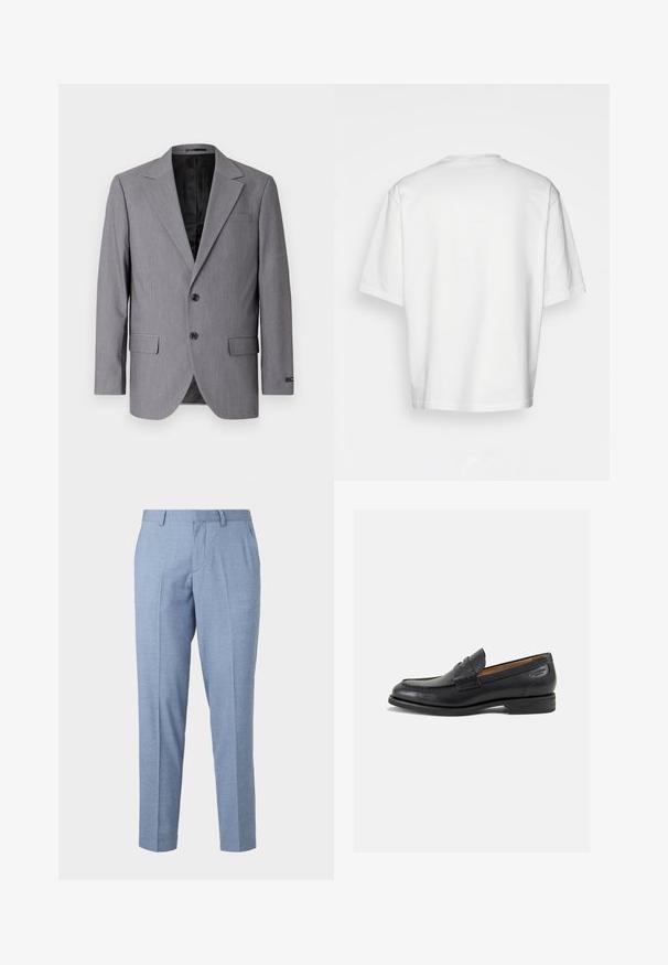 Γκρίζα σακάκι με λεία υφή, μονόκουμπο σχέδιο, κανονικά πέτα, δύο κουμπιά και δύο πλευρικές τσέπες; ορατό επενδυμένο εσωτερικό.; Λευκό κοντομάνικο t-shirt με στρογγυλή λαιμόκοψη, κατασκευασμένο από βαμβάκι. Απλός σχεδιασμός, χωρίς σχέδια ή διακοσμητικά, σε θέα από πίσω.; Φωτεινά μπλε κομμένα παντελόνια με υφή, κομψό σχέδιο και ίσια γραμμή. Διαθέτoυν εμπρόσθιες τσέπες και θηλιές ζώνης.; Μαύρα δερμάτινα loafers με λείο φινίρισμα, στρογγυλή μύτη και διακοσμητική ραφή στη μπροστινή πλευρά. Χαμηλός σωρός και ελαφριά γυαλάδα.