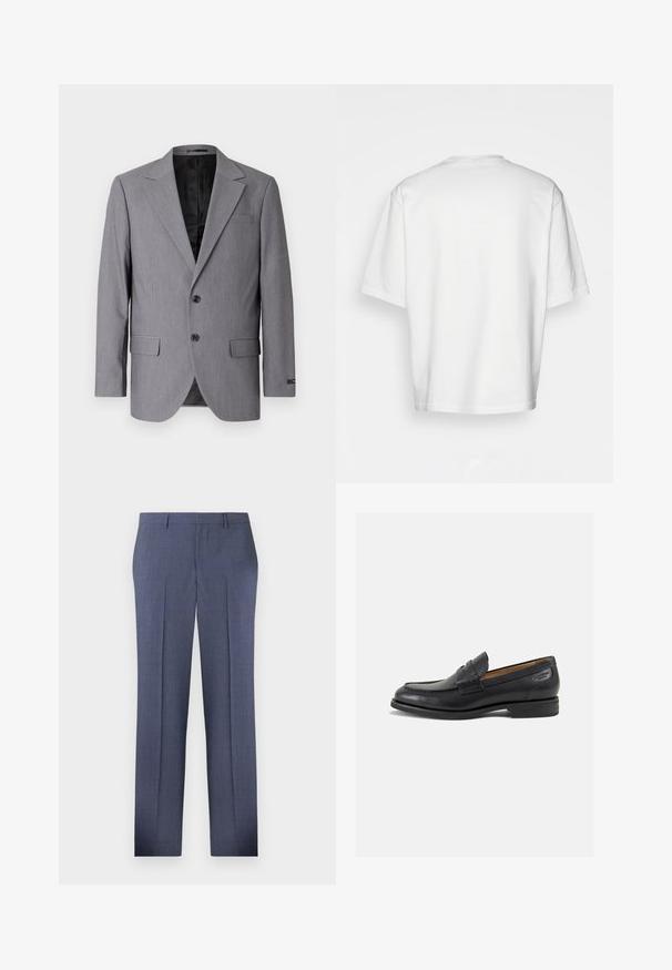 Γκρίζα σακάκι με λεία υφή, μονόκουμπο σχέδιο, κανονικά πέτα, δύο κουμπιά και δύο πλευρικές τσέπες; ορατό επενδυμένο εσωτερικό.; Λευκό κοντομάνικο μπλουζάκι, χαλαρή εφαρμογή, στρογγυλή λαιμόκοψη, απαλό βαμβακερό ύφασμα, χωρίς διακοσμητικά στην πλάτη, ίσια γραμμή στο κάτω μέρος, χωρίς σχέδια ή αξεσουάρ.; Ραμμένα μπλε παντελόνια με υφή και καρό μοτίβο, διαθέτοντας ίσια γραμμή, πτυχώσεις και πλευρικές τσέπες. Κατασκευασμένα από ελαφρύ ύφασμα.; Μαύρα δερμάτινα loafers με λείο φινίρισμα, στρογγυλή μύτη και διακοσμητική ραφή στη μπροστινή πλευρά. Χαμηλός σωρός και ελαφριά γυαλάδα.