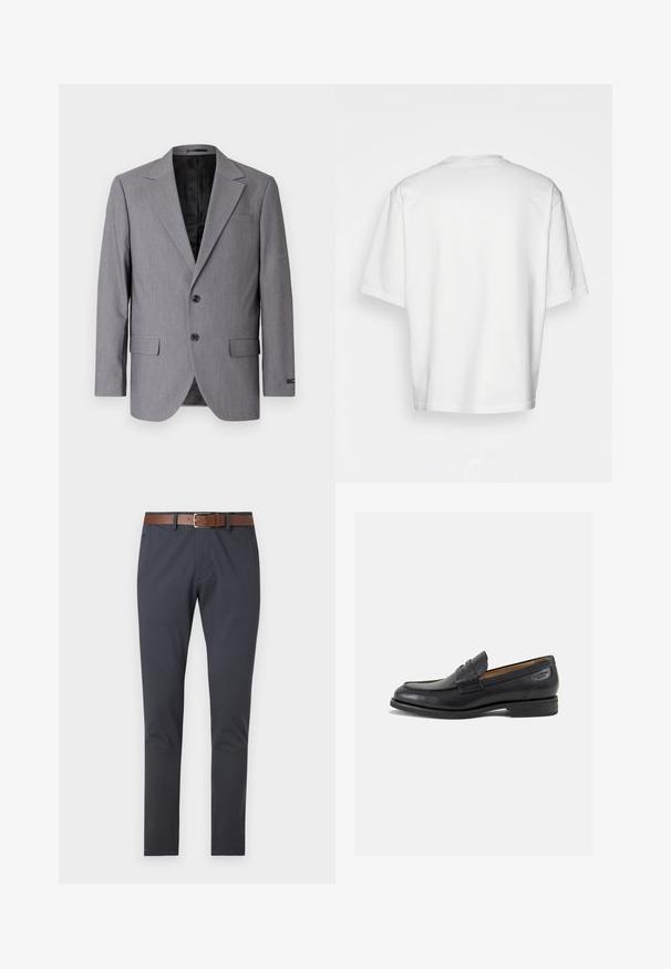 Pelēks bleizeris ar gludu tekstūru, vienkrūšu dizains, iemaukti, divas pogas un divas sānu kabatas; redzama odere.; Balta īsām piedurknēm T-krekls, brīvs piegriezums, apaļš kakla izgriezums, gluda kokvilnas auduma, vienkārša aizmugure, taisna apakšmala, bez rakstiem vai accentiem.; Tumši zilie šorti ar gludu tekstūru, ar brūnu ādas jostu ar taisnstūra sudraba sprādzi, pieguļošs griezums un bez acīmredzamām rakstām.; Melnas ādas loafers ar gludu apdari, noapaļotu purngalu un dekoratīvām šuvēm uz virsu. Zems, sakrauta papēža un neliels spīdums.