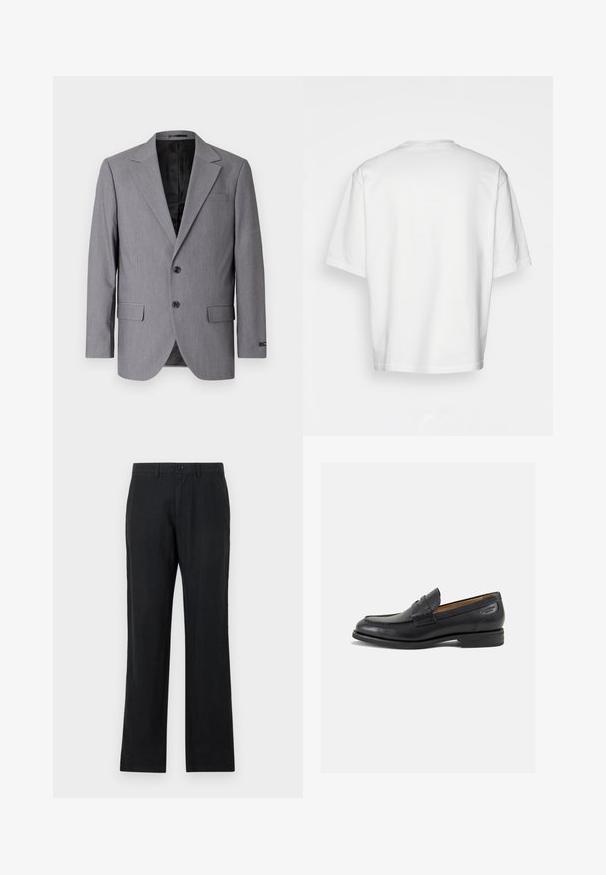 Gray blazer with a smooth texture, single-breasted design, notch lapels, two buttons, and two side pockets; lined interior visible.; White short-sleeve t-shirt, loose fit, round neckline, smooth cotton fabric, unembellished back, straight hemline, no patterns or accents.; Black trousers made of a lightweight material, tailored fit, straight legs, with a button closure and front pockets. Smooth texture.; Black leather loafers with a smooth finish, rounded toe, and decorative stitching on the vamp. Low stacked heel and slight shine.