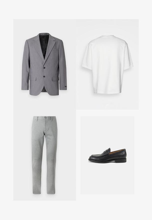 Szürke blézer sima textúrával, egygombos dizájnnal, bemetszett hajtókával, két gombbal és két oldalzsebbel; látható bélés.; Fehér, rövidujjú póló, laza szabással, kerek dekoltázzsal, sima pamut anyagból, díszítés nélküli hátrésszel, egyenes szegéllyel, minta és kiegészítők nélkül.; Szürke, egyenes lábszárú nadrág, texturált anyagból. A funkciót szolgáló gombos záródással, övbújtatókkal és oldalsó zsebekkel rendelkezik.; Fekete bőr loaferek sima felülettel, lekerekített orral és díszítő varrással a lábfejen. Alacsony, réteges sarkú és enyhe fényű.