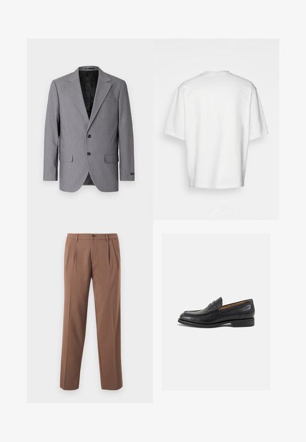 Siv blazer z gladko teksturo, enojnim gumbom, s poklopnimi reverji, dvema gumboma in dvema stranskima žepoma; vidna podloga.; Bela kratka majica s kratkimi rokavi, ohlapnega kroja, okroglega izreza, gladkega bombažnega materiala, brez okrasitev na hrbtni strani, ravna obroba, brez vzorcev ali naglasov.; Rjave plisirane hlače s ravnim krojem, ki vključujejo enojno zapenjanje in gladko, strukturirano tkanino.; Črne usnjene loafers cipele z gladko površino, zaobljenim nosom in dekorativnim šivom na vampu. Nizek zloženi peti in rahla sijaj.