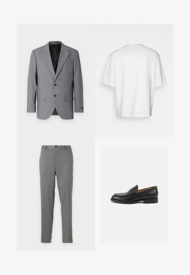Pilkas švarkas su lygiavalgiu tekstūru, vieno mygtuko dizainu, notch apykakle, dviem mygtukais ir dviem šoniniais kišenėmis; matoma pamušalo vidinė dalis.; Balta trumpa rankovėmis marškinėliai, laisvas kirpimas, apvalus iškirpimas, lygaus džinsinio audinio, nepuošta nugara, tiesiai kraštu, be raštų ar akcentų.; Pilki pritaikyti kelnių, pasižyminčių lygiu paviršiumi, šiek tiek rašto, užtrauktuku ir mygtuku uždarymu, su priekinėmis kišenėmis ir siaurėjančiomis kojomis.; Juodi odiniai loafersai su lygiu paviršiumi, apvaliu pirštu ir dekoratyvine siūlė viršuje. Žemas sustiprintas kulnas ir lengvas blizgesys.