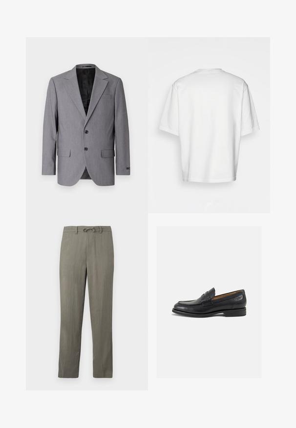 Szary marynarka o gładkiej teksturze, jednopierścieniowa konstrukcja, klapy notcha, dwa guziki i dwie boczne kieszenie; widoczne wykończenie podszewką.; Biała, krótkiego rękawa koszulka, luźny krój, okrągły dekolt, gładki bawełniany materiał, nieozdobione plecy, prosta linia dołu, bez wzorów ani akcentów.; Męskie jasnoszare spodnie z mieszanki lnu z elastyczną talią, prostymi nogawkami i subtelną fakturą; mają standardowe kieszenie i brak zauważalnych wzorów.; Czarne skórzane mokasyny o gładkim wykończeniu, zaokrąglonym nosku i dekoracyjnym przeszyciu na cholewce. Niski, warstwowy obcas i delikatny połysk.