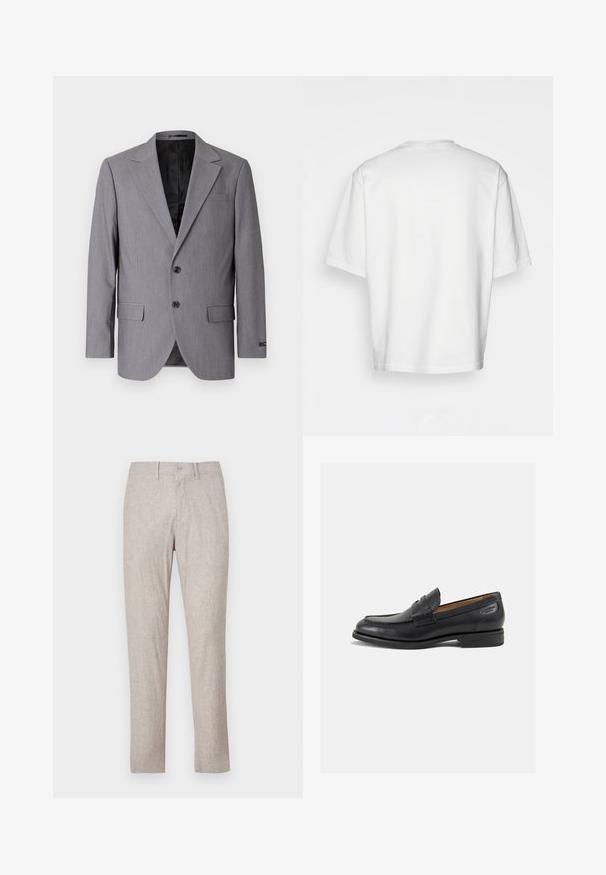 Gray blazer with a smooth texture, single-breasted design, notch lapels, two buttons, and two side pockets; lined interior visible.; White short-sleeve t-shirt, loose fit, round neckline, smooth cotton fabric, unembellished back, straight hemline, no patterns or accents.; Beige linen pants with a straight cut, featuring a button closure, front pockets, and no visible patterns or embellishments.; Black leather loafers with a smooth finish, rounded toe, and decorative stitching on the vamp. Low stacked heel and slight shine.