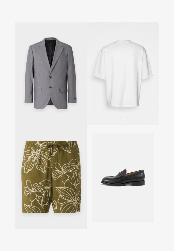 Šedý blazer s hladkou texturou, jednobarevný design, klopové límce, dva knoflíky a dvě boční kapsy; viditelná podšívka.; Bílý krátký rukáv tričko, volný střih, kulatý výstřih, hladká bavlněná tkanina, nezdobený zadní díl, rovný lem, žádné vzory ani akcenty.; Olivově zelené lněné šortky s bílou květinovou výšivkou, s elastickým pasem a stahovací šňůrou pro nastavitelnou velikost.; Černé kožené mokasíny s hladkým povrchem, zaoblenou špičkou a dekorativním prošíváním na svršku. Nízký podpatka a mírný lesk.