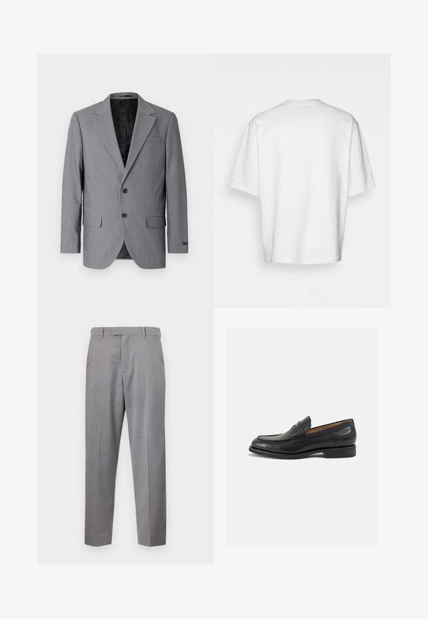 Szary marynarka o gładkiej teksturze, jednopierścieniowa konstrukcja, klapy notcha, dwa guziki i dwie boczne kieszenie; widoczne wykończenie podszewką.; Biała, krótkiego rękawa koszulka, luźny krój, okrągły dekolt, gładki bawełniany materiał, nieozdobione plecy, prosta linia dołu, bez wzorów ani akcentów.; Szare spodnie materiałowe z teksturowanej tkaniny, charakteryzujące się prostym krojem nogawki, przednimi zagnieceniami oraz standardowym stanem z paskami na pasek.; Czarne skórzane mokasyny o gładkim wykończeniu, zaokrąglonym nosku i dekoracyjnym przeszyciu na cholewce. Niski, warstwowy obcas i delikatny połysk.