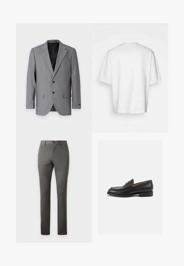 Blazer grigio con una texture liscia, design con un solo petto, rever a scollo, due bottoni e due tasche laterali; interno foderato visibile.; T-shirt bianco a maniche corte, vestibilità ampia, collo rotondo, in morbido cotone, retro senza decorazioni, orlo dritto, senza fantasie o dettagli.; Pantaloni grigi con tessuto testurizzato, vestibilità dritta, tasche frontali e chiusura con un solo bottone in vita.; Mocassini in pelle nera con finitura liscia, punta arrotondata e cuciture decorative sulla tomaia. Tacco basso impilato e leggero lucido.