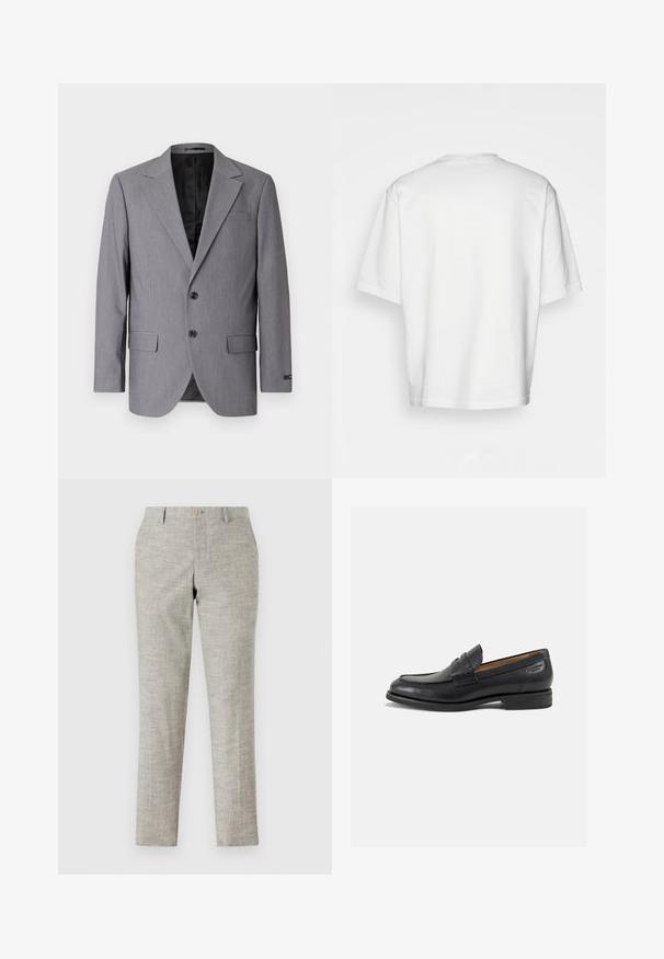 Gray blazer with a smooth texture, single-breasted design, notch lapels, two buttons, and two side pockets; lined interior visible.; White short-sleeve t-shirt, loose fit, round neckline, smooth cotton fabric, unembellished back, straight hemline, no patterns or accents.; Light grey trousers with a textured fabric, featuring a flat front, zip fly, and a single button closure. Tailored slim fit with straight legs.; Black leather loafers with a smooth finish, rounded toe, and decorative stitching on the vamp. Low stacked heel and slight shine.