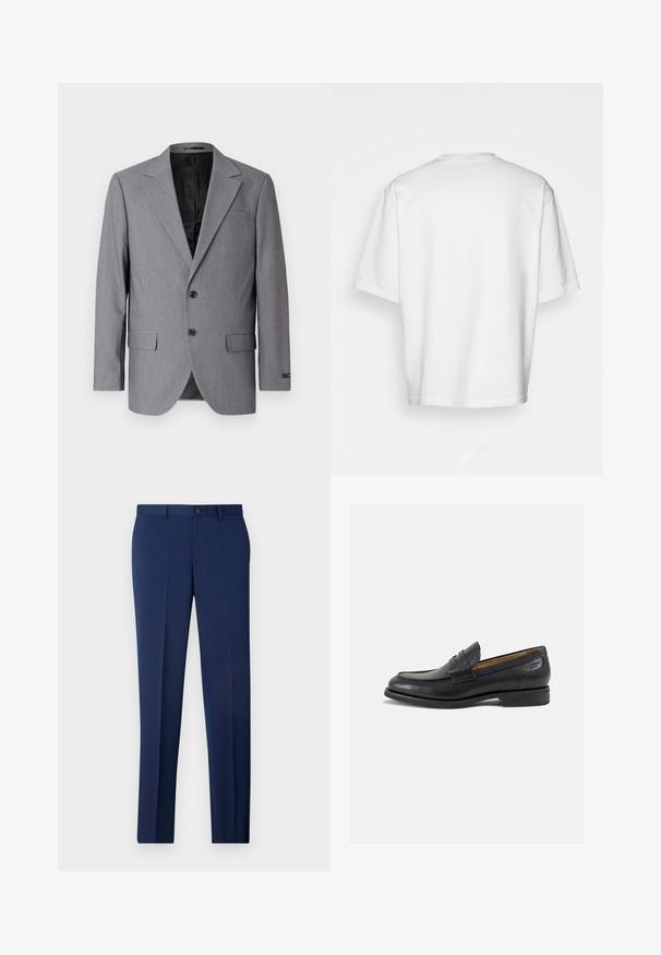 Szary marynarka o gładkiej teksturze, jednopierścieniowa konstrukcja, klapy notcha, dwa guziki i dwie boczne kieszenie; widoczne wykończenie podszewką.; Biały, krótki rękaw, t-shirt z okrągłym dekoltem, wykonany z bawełny. Prosty design, bez wzorów i dodatków, widziany od tyłu.; Granatowe formalne spodnie o slim fit, płaskim przodzie i gładkiej fakturze. Cechy obejmują pojedyncze zapięcie na guzik oraz szlufki na pasek.; Czarne skórzane mokasyny o gładkim wykończeniu, zaokrąglonym nosku i dekoracyjnym przeszyciu na cholewce. Niski, warstwowy obcas i delikatny połysk.