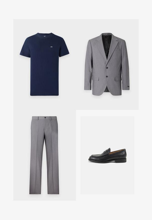 Blazer grigio con una texture liscia, design con un solo petto, rever a scollo, due bottoni e due tasche laterali; interno foderato visibile.; T-shirt in cotone blu navy con maniche corte, scollatura rotonda e un piccolo logo ricamato sul petto. Design semplice, texture priva di ornamenti.; Pantaloni grigi su misura con frontale piatto, due tasche laterali e chiusura a un bottone. Tessuto liscio con un sottile motivo a righe verticali.; Mocassini in pelle nera con finitura liscia, punta arrotondata e cuciture decorative sulla tomaia. Tacco basso impilato e leggero lucido.