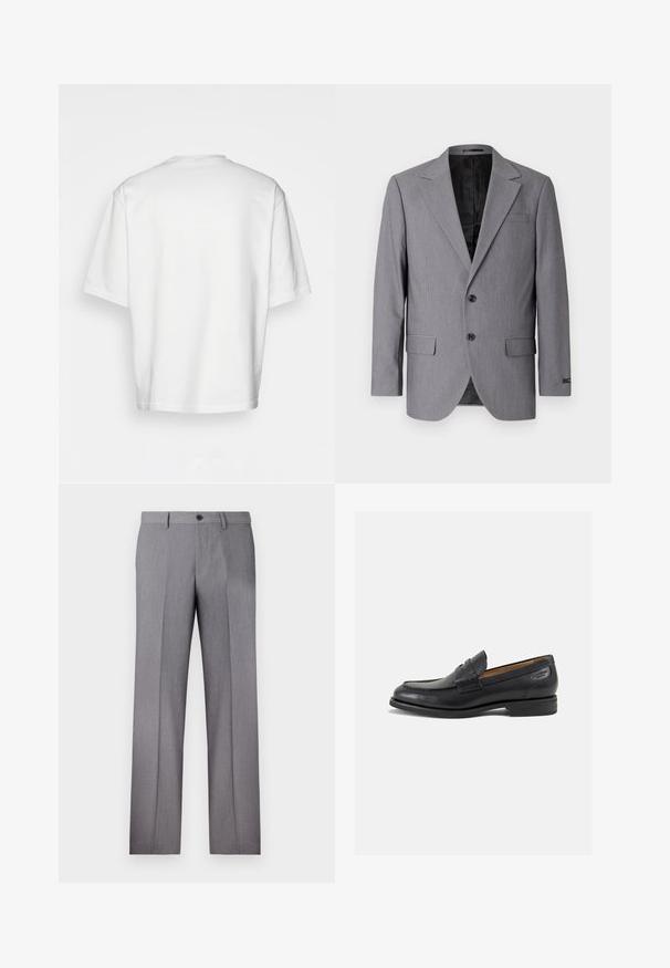 Siv blazer z gladko teksturo, enojnim gumbom, s poklopnimi reverji, dvema gumboma in dvema stranskima žepoma; vidna podloga.; Bela kratka majica s kratkimi rokavi, ohlapnega kroja, okroglega izreza, gladkega bombažnega materiala, brez okrasitev na hrbtni strani, ravna obroba, brez vzorcev ali naglasov.; Sive prirejene hlače z ravnim sprednjim delom, dvema stranskima žepoma in enojnim gumbom za zapiranje. Gladka tekstura z diskretno črtasto vzorcem.; Črne usnjene loafers cipele z gladko površino, zaobljenim nosom in dekorativnim šivom na vampu. Nizek zloženi peti in rahla sijaj.