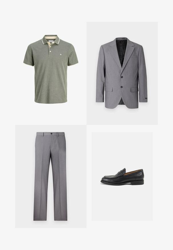 Grå blazer med en glat tekstur, enkeltknappet design, jakkelapper, to knapper og to sidelommer; foret inderside synlig.; Grøn polo skjorte med en struktureret overflade, der har en krave med cremefarvet kant, to knaplukninger og et lille logo på brystet.; Grå skræddersyede bukser med flad front, to sidelommer og en enkelt knaplukning. Glat tekstur med et subtilt stribemønstret design.; Sorte læder loafers med en glat finish, rund tå og dekorativ syning på vampen. Lav stablet hæl og let glans.