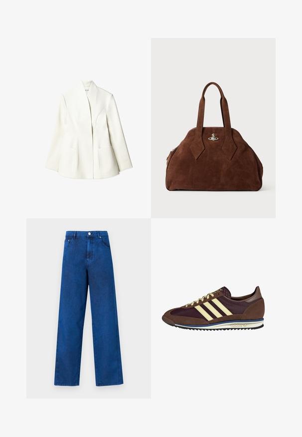 NA-KD - Żakiet; Biały, prążkowany top bez rękawów z okrągłym dekoltem i wąskimi ramiączkami. Metka na dekolcie w jasnoliliowym kolorze. Widoczna metka rozmiaru.; Niebieskie dżinsowe spodnie szerokie nogawki z wysokim stanem, z detalami szycia, kieszeniami z przodu i zapięciem na metalowy guzik.; Brązowe i burgundowe sneakersy wykonane z zamszu i siateczkowych materiałów, z trzema kremowymi paskami, teksturowanym materiałem na języku i gumową podeszwą.; Brązowa torebka z zamszu o usztywnionym kształcie, zaokrąglonym korpusie i wydłużonych uchwytach w kształcie diamentu. Charakteryzuje się srebrnym zamknięciem.