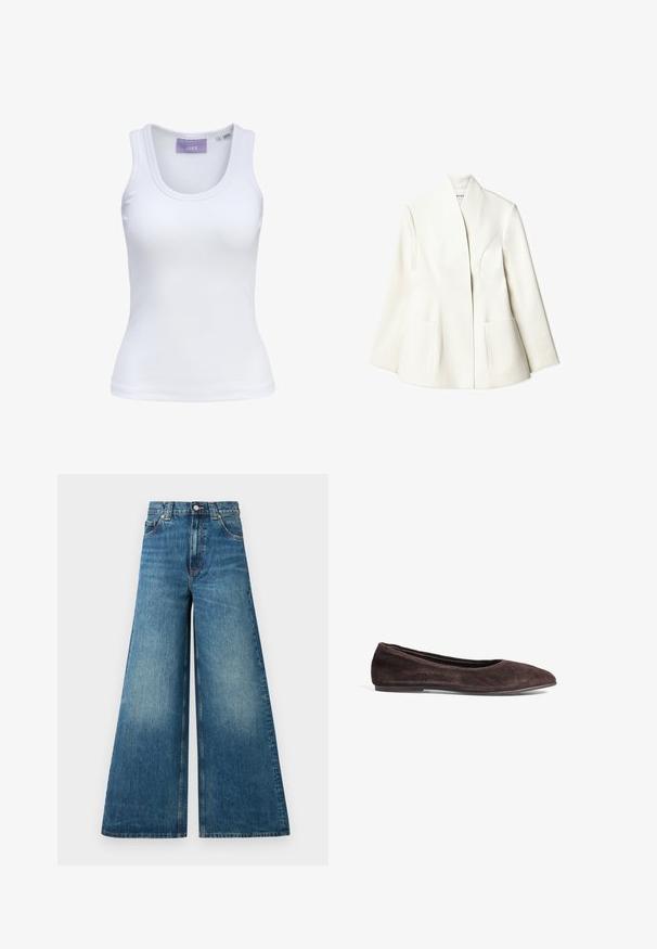 NA-KD Blejzer - white; Biely rebrovaný top bez rukávov s okrúhlym výstrihom a úzkymi ramienkami. Nálepka na výstrihu v svetlofialovej farbe. Viditeľná veľkostná nálepka.; Džínsy s vysokým pásom a širokými nohavicami v bledomodrom denimovom prevedení, so zapínaním na gombík, pútkami na opasok a dvoma prednými vreckami.; Hnedé semišové baletky s špicatou špičkou a nízkym profilom. Majú hladký povrch a minimalistický dizajn. Žiadne viditeľné kovanie ani akcenty.