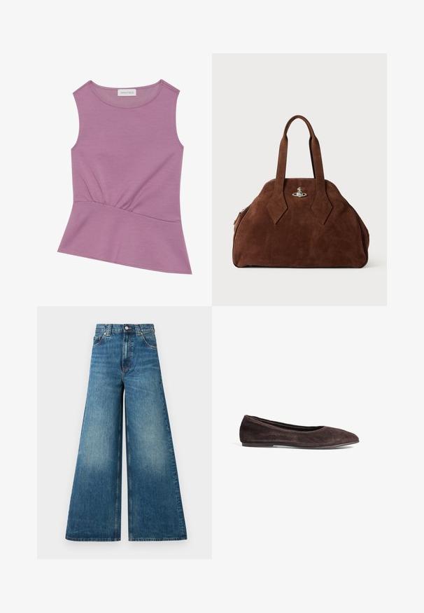 NA-KD Blazer - white; Mouwloze lila top met ronde halslijn en geplooide details bij de taille, die iets uitloopt bij de zoom.; Hoge taille wijde jeans in vervaagd blauw denim, met een knopen sluiting, riemlussen en twee voorzakken.; Bruine suède balletschoenen met een spitsneus en een laag profiel. Kenmerkt zich door een gladde textuur en een minimalistisch ontwerp. Geen zichtbare hardware of accenten.; Bruine suède handtas met een gestructureerde vorm, ronde body en verlengde ruitvormige handvatten. Voorzien van een sluiting met zilveren hardware.