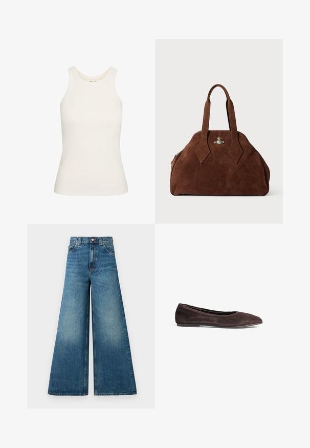 NA-KD Blazer - white; Hvid tanktop lavet af strækbart ribbet stof, med en rund halsudskæring og ærmeløs design. Glat tekstur, tætsiddende form.; Høj- og bredbenede jeans i falmet blå denim med knaplukning, bæltesløjfer og to forlommer.; Brune ruskinds ballerina med spids tå og lav profil. Har en glat tekstur og minimalistisk design. Ingen synlig hardware eller accenter.; Brun suede håndtaske med en struktureret form, rund krop og forlængede diamantformede håndtag. Har en hardwarelukning i sølv.