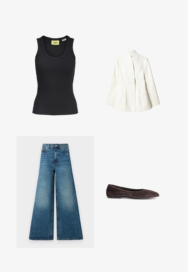 NA-KD Blazer - white; Svart ribbad linne med rund halsringning, tillverkat av stretchigt material, med en gul etikett som har "JJXX" på insidan av kragen.; Höga vida jeans i urtvättad blå denim, med knappstängning, bälteshällor och två framfickor.; Brun mocka ballerina med spetsig tå och låg profil. Har en jämn yta och en minimalistisk design. Inga synliga detaljer eller accenter.