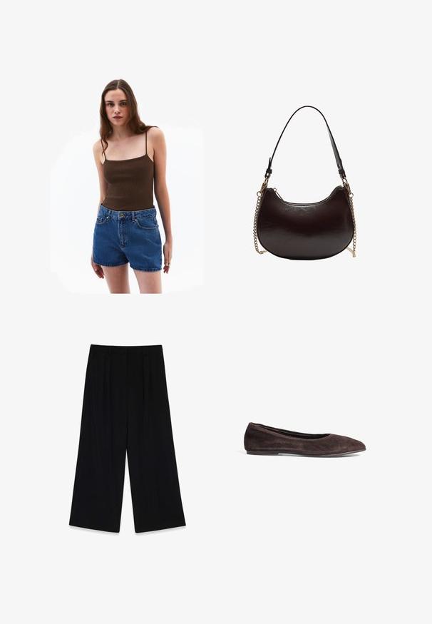 NA-KD Blazer - white; Brun ribbet tanktop med tynde stropper parret med højtaljede blå denimshorts med forlommer og guldknaplukning.; Sorte vide bukser lavet af glat stof, der har læg foran, en mellemhøj talje og ingen synlige lukninger eller pynt.; Brune ruskinds ballerina med spids tå og lav profil. Har en glat tekstur og minimalistisk design. Ingen synlig hardware eller accenter.; Sort læderhåndtaske med en buet form, kæde- og læderrem. Har en lynlås lukning og en glansfuld finish. Kompakt og struktureret design.