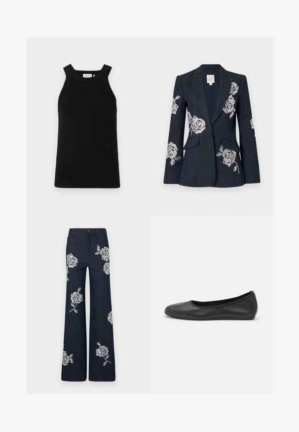 Cinq à Sept HEATSET ROSES CHEYENNE - Bleiser - indigo; Mustmustriba biki, millel on laiad õlavarre rihmad, ümar kaelus ja väike reljeefne logo detail alumises osas.; Tumedat sinise denimist püksid, millel on valged tikitud roosimustrid. Omab nööp-kinnitust ja traditsioonilist tasku kujundust.; Musthave mustika tantsutossud mustast nahast, ümmarguse varbaga, siledast tekstuurist, minimaalse õmblusdetailiga ja paindliku tallakujundusega.