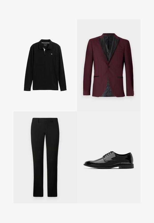 Sacou burgundy cu reverne din satin negru, închidere cu un singur nasture, două buzunare frontale și căptușeală neagră cu model. Croială ajustată și formă structurată.; Cămașă polo lungă cu mânecă neagră, cu un guler clasic, având un guler interior alb și logo pe piept. Textură netedă și croială normală.; Pantaloni negri cu croială ajustată, având o textură netedă și un design cu picioare drepte. Talie cu bucle pentru curea și o finisare curată.; Pantofii din piele lacuită neagră, cu vârful rotund, design cu șireturi și suprafață netedă, strălucitoare. Au o talpă din cauciuc cu profil jos.