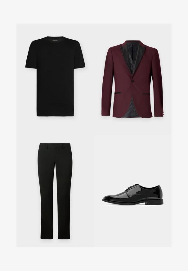 Burgunderfarbener Blazer mit schwarzen Satin-Revers, Ein-Knopf-Verschluss, zwei vorderen Taschen und gemustertem schwarzen Futter. Taillierte Passform und strukturierte Form.; Schwarzes kurzärmeliges T-Shirt aus Baumwolle. Verfügt über einen Rundhalsausschnitt und eine glatte Textur. Einfaches Design ohne Muster oder Verzierungen.; Schwarze Hosen mit taillierter Passform, die eine glatte Textur und einen geraden Beinanschnitt aufweisen. Der Bund hat Gürtelschlaufen und eine saubere Verarbeitung.; Schwarze Lackleder-Schuh mit abgerundetem Zeh, Schnürdesign und glatter, glänzender Oberfläche. Verfügt über eine flache Gummisohle.