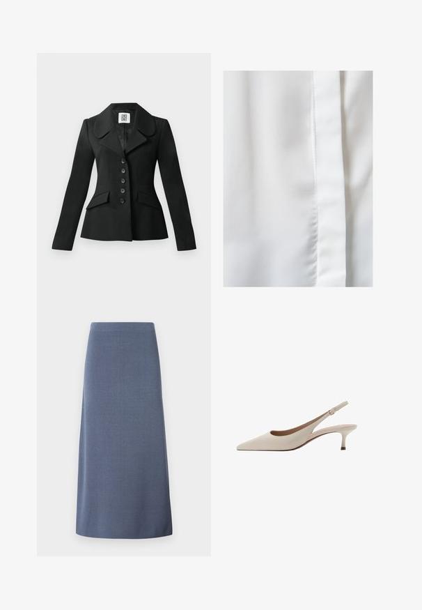 Schwarze, maßgeschneiderte Jacke mit strukturierter Silhouette, großem Kragen, sechs Knöpfen und zwei Vordertaschen. Glatte Textur, lange Ärmel.; Weißer Stoff mit einer glatten, seidigen Textur, der einen subtilen Glanz aufweist und über eine vertikale Nahtdetail am rechten Rand verfügt.; Hellblaue A-Linien-Rock aus strukturiertem Stoff, knielang, mit glattem Bund und ohne sichtbare Verschlüsse oder Verzierungen.; Beige Slingback-Absatzschuhe mit spitzer Zehenform und niedrigem, ausgestellten Absatz. Hergestellt aus glattem Leder mit einem minimalistischen Design und verstellbarem Riemen.