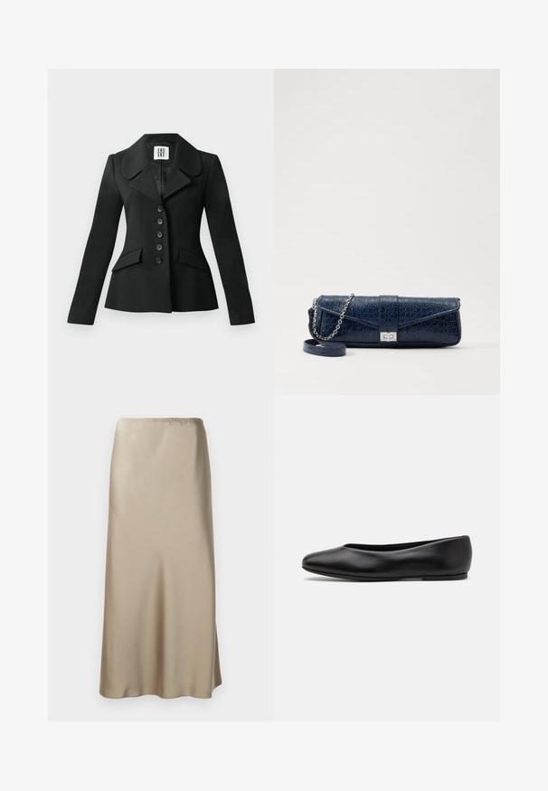 Schwarze, maßgeschneiderte Jacke mit strukturierter Silhouette, großem Kragen, sechs Knöpfen und zwei Vordertaschen. Glatte Textur, lange Ärmel.; Beige Satin-Camisole mit Spitzendetails am Ausschnitt, dünnen verstellbaren Trägern und einer glatten, glänzenden Textur.; Satin-Midirock in hellbeige mit einem elastischen Bund, glatter Textur und fließender A-Linienform. Keine sichtbaren Muster oder Hardware.; Paul Smith TOPANGA - Klassischer Ballerina - black; Marineblaue Leder-Clutch mit Krokodilstruktur, silberner Kettenriemen und metallischem Verschluss. Rechteckige Form mit Umschlagdesign.