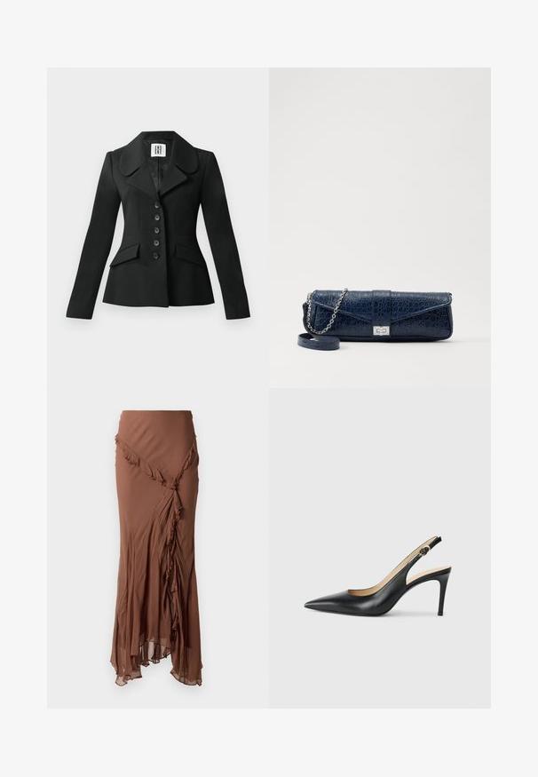 Musta räätälöity takki, jossa on jämäkkä siluetti, suuri kaulus, kuusi nappia ja kaksi etutaskua. Sileä pinta, pitkät hihat.; Satin camisole vaaleanbeige värissä, jossa on pitsiyksityiskohtia kaula-aukon ympärillä. Mallissa on ohuet säädettävät olkaimet ja sileä, kiiltävä pinta.; Ruskea, pitkä hame, joka on valmistettu kevyestä kankaasta. Siinä on frillakoristelu epäsymmetrisen helman varrella ja se laskeutuu näyttävästi.; Mustat nahkaslingback-korkokengät, joissa on terävä kärki, säädettävä hihna ja tyylikäs stiletto-korko, jotka tarjoavat sileän pinnan.; Navy sininen nahkakukkarokotelo, jossa on krokotiilinumero, hopeaketjuolkapanta ja metallilukko. Suorakulmainen muoto taitettavalla designilla.