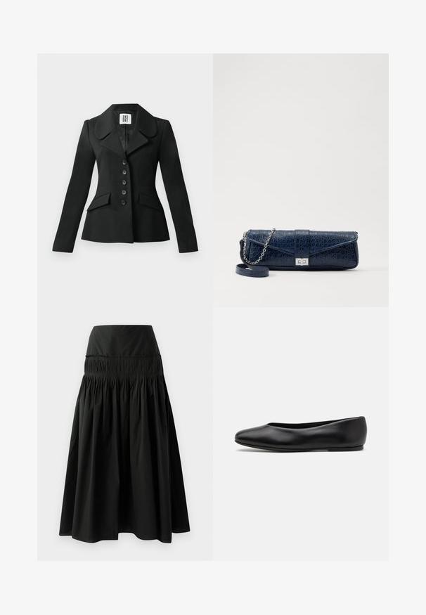 Giacca nera su misura con silhouette strutturata, ampio colletto, sei bottoni e due tasche frontali. Tessuto liscio, maniche lunghe.; Camisola in satin beige con dettagli in pizzo sullo scollo, caratterizzata da sottili spalline regolabili e una texture liscia e lucida.; Gonna nera fino al ginocchio realizzata in tessuto morbido, con una vita aderente e un design arricciato per un effetto voluminoso.; Paul Smith TOPANGA - Ballerine - black; Clutch in pelle blu navy con texture a coccodrillo, tracolla in catena argentata e chiusura metallica. Forma rettangolare con design pieghevole.