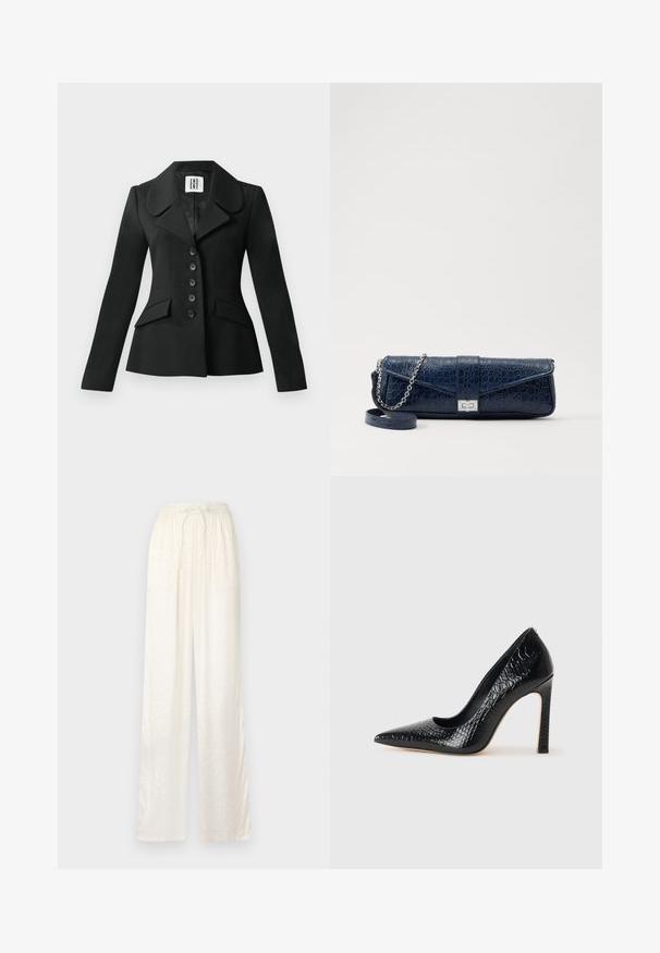 Zwarte op maat gemaakte jas met een gestructureerde silhouet, grote kraag, zes knopen en twee voorkwasten. Glad textuur, lange mouwen.; Satin camisole in beige met kantdetails bij de halslijn, voorzien van dunne verstelbare bandjes en een gladde, glanzende textuur.; Witte, losse broek gemaakt van een lichtgewicht, satijnachtige stof. Heeft een elastische tailleband met een geknoopt trekkoord en een subtiel patroon.; Zwarte puntige hoge hak schoen met een krokodillenleren textuur, met een slank ontwerp, hoge stiletto-hak, en een gladde zwarte binnenkant.; Marineblauwe leren clutch met een krokodillenstructuur, zilveren kettingriem en metalen sluiting. Rectangulaire vorm met een omgevouwen ontwerp.