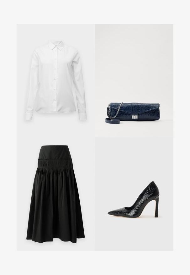 Chaqueta negra a medida con una silueta estructurada, gran cuello, seis botones y dos bolsillos frontales. Textura suave, mangas largas.; Camisa blanca de manga larga con botones, cuello puntiagudo, corte ajustado y puños, exhibida sobre un fondo blanco liso.; Falda negra de longitud a la rodilla, hecha de tela suave, con una cinturilla ajustada y un diseño fruncido para mayor volumen.; Zapato de tacón alto negro con punta afilada y textura de piel de cocodrilo, que presenta un diseño elegante, un alto tacón de aguja y un interior negro suave.; Clutch de piel azul marino con textura de cocodrilo, correa de cadena plateada y cierre metálico. Forma rectangular con diseño plegable.