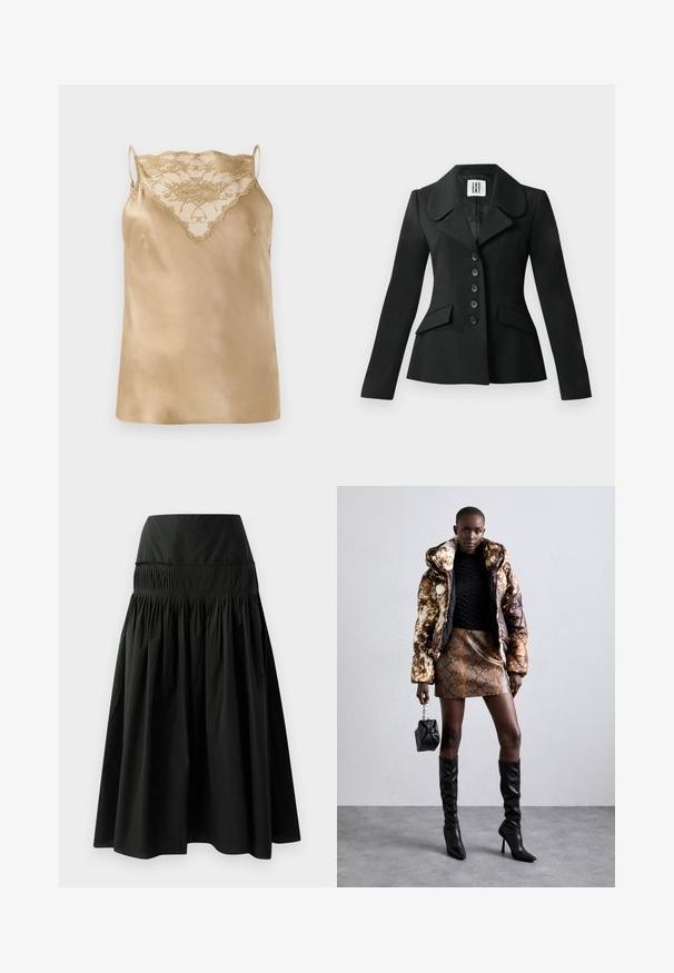 Schwarze, maßgeschneiderte Jacke mit strukturierter Silhouette, großem Kragen, sechs Knöpfen und zwei Vordertaschen. Glatte Textur, lange Ärmel.; Beige Satin-Camisole mit Spitzendetails am Ausschnitt, dünnen verstellbaren Trägern und einer glatten, glänzenden Textur.; Schwarzer knielanger Rock aus glattem Stoff, mit einem taillierten Bund und gerafftem Design für Fülle.; Puffermantel mit einem braunen und schwarzen Muster, kombiniert mit einem mini Rock in Schlangenoptik in Braun, schwarzen kniehohen Stiefeln und einer kleinen schwarzen Tasche.