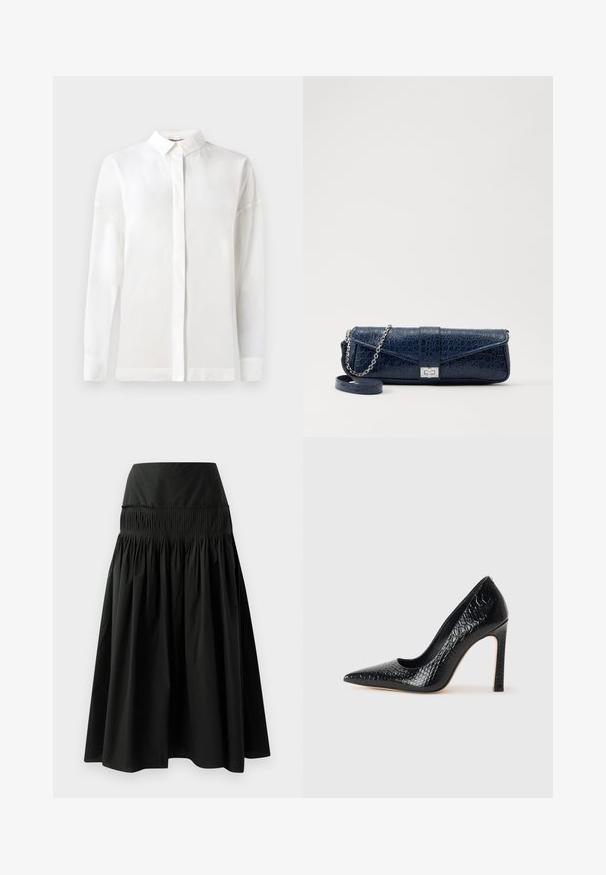 Black tailored jacket with a structured silhouette, large collar, six buttons, and two front pockets. Smooth texture, long sleeves.; White long-sleeve shirt with a buttoned collar, smooth texture, straight cut, and hidden placket. Soft, lightweight fabric with no patterns.; Black knee-length skirt made of smooth fabric, featuring a fitted waistband and gathered design for fullness.; Black pointed-toe high heel shoe with a crocodile-skin texture, featuring a sleek design, high stiletto heel, and smooth black interior.; Navy blue leather clutch with a crocodile texture, silver chain strap, and metallic clasp. Rectangular shape with foldover design.