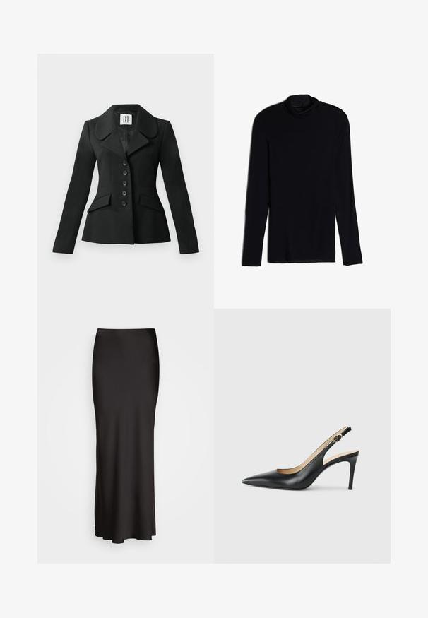 Giacca nera su misura con silhouette strutturata, ampio colletto, sei bottoni e due tasche frontali. Tessuto liscio, maniche lunghe.; Maglietta nera a maniche lunghe con collo a cascata, realizzata in un tessuto morbido e liscio; design aderente con orlo dritto e senza cuciture visibili.; Gonna in satin nera, lunga fino al pavimento, con una texture liscia, vita aderente e silhouette a forma di A, priva di decorazioni visibili o fantasie.; Slingback in pelle nera con i tacchi alti a punta, cinturino regolabile e tacco a spillo elegante, caratterizzati da una finitura liscia.