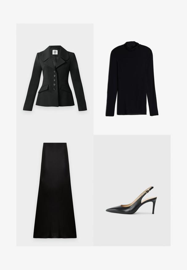 Chaqueta negra a medida con una silueta estructurada, gran cuello, seis botones y dos bolsillos frontales. Textura suave, mangas largas.; Top negro de manga larga con cuello tipo cowl, hecho de una tela suave y lisa; diseño ajustado con dobladillo recto y sin costuras visibles.; Falda larga de satén negro con cintura alta y dobladillo ligeramente acampanado sobre fondo blanco.; Tacones altos negros de cuero con tirantes, punta afilada, correa ajustable y un elegante tacón de aguja, con un acabado suave.