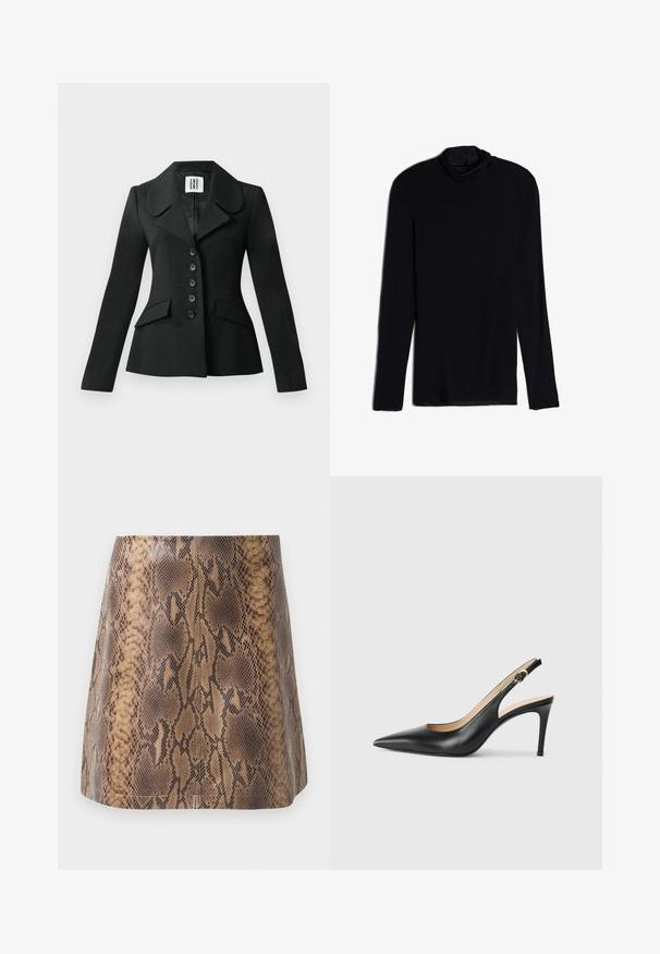 Schwarze, maßgeschneiderte Jacke mit strukturierter Silhouette, großem Kragen, sechs Knöpfen und zwei Vordertaschen. Glatte Textur, lange Ärmel.; Schwarzes Langarmoberteil mit einem Kragen, gefertigt aus einem weichen, glatten Stoff; taillierte Passform mit geradem Saum und ohne sichtbare Nähte.; Minimale braune Schlangenprint-Miniröcke aus Kunstleder mit glatter Textur, taillierter Silhouette und subtilen Nahtdetails.; Schwarze Leder-Slingback-High-Heels mit spitzem Zehenbereich, verstellbarem Riemen und schlankem Stiletto-Absatz, ausgestattet mit einer glatten Oberfläche.